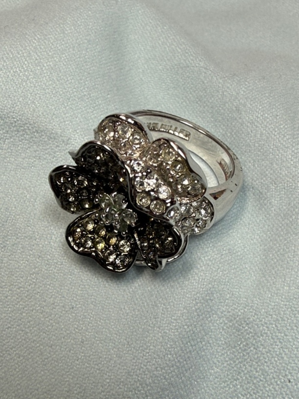 Vintage Nolan Miller Black and Clear Pave Crystal Flower Cocktail Ring Size 6.5
